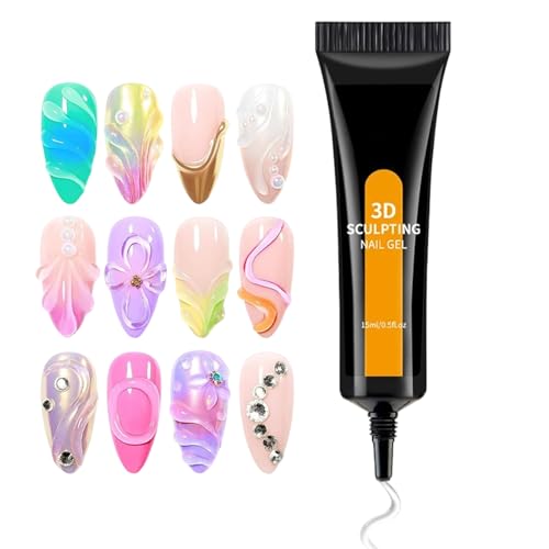 Bomefoi Gel 3D Para Uñas,Kit Manicura 3D Sólido Sin Enjuague - Pegamento Para Diseño De Uñas Con Estrás 15 ml,Para Polvo Cromado Sticker Rhinestone Salón Hogar Uso Diario Fiesta Boda Cumpleaños