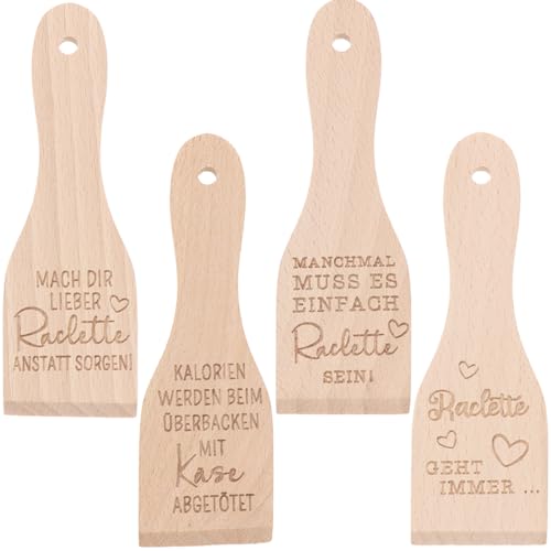 Spruchreif | 4-teiliges Set: Holzschaber mit Gravur | Raclettespachtel mit verschiedenen Sprüchen | Raclettespachtel 4 er Set mit Gravur | Racletteschaber Holz | Raclette-Schaber mit Spruch