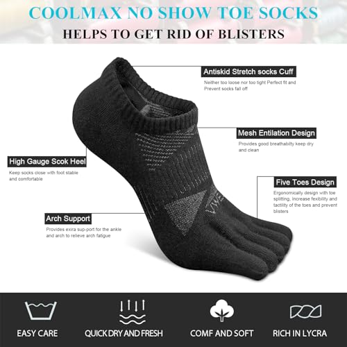 VWELL No Show Toe Socks for Men Women COOLMAX Five Finger Socks Athletic Running Ankle Low Cut 5 Toe Socks (3Pairs)3