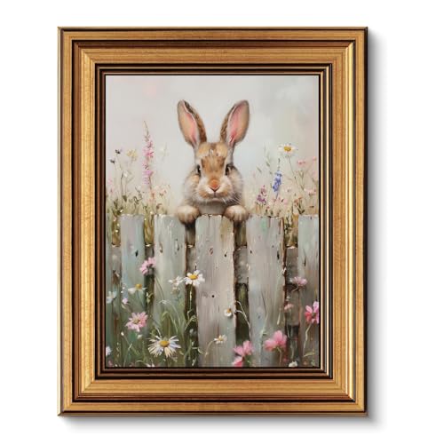 KBKART Gold Framed Bunny Wall Art, Rabbit and Wildflowers Painting 8x10Inch