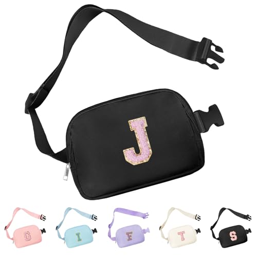 Aganmi Chenille Letter Crossbody Bags for Women Trendy, Waterproof Fanny Packs for Travel Essentials, Initial Letter Belt Bag with Multiple Inner Pockets and Adjustable Strap(Black J)