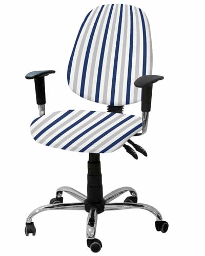 Navy Blue Gray White 2 Pieces Computer Office Chair Covers Set,Stretchable Desk Rotating Chair Seat Cushion Slipcover Back Covers,Modern Simple Vertical Striped Slipcover Back Cover,Protectors Cover