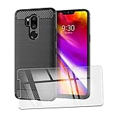 QFSM Custodia + 1 PCS Vetro Temperato per LG G7 ThinQ Protettiva Nero Fibra di Carbonio TPU Anti-Knock Cover Case Black Silicone Shell with Vetro Pellicola Pellicola di Vetro Glass