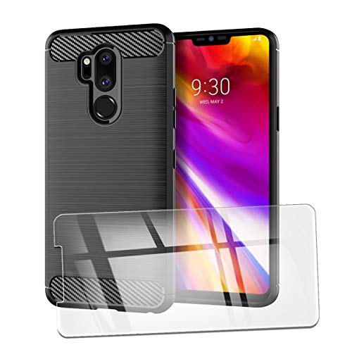 QFSM Custodia + 1 PCS Vetro Temperato per LG G7 ThinQ Protettiva Nero Fibra di Carbonio TPU Anti-Knock Cover Case Black Silicone Shell with Vetro Pellicola Pellicola di Vetro Glass