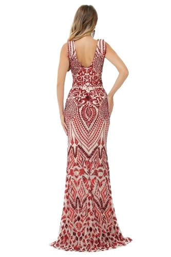 Image of Women's Wedding Bridesmaid Gown Sequined Mermaid V Neck Sleeveless Evening Dress