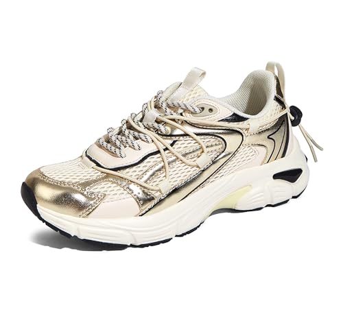 Find the Best Daily Walking Shoes for Ultimate Comfort 15 LUCKY STEP Women's Fashion Walking Shoes Running Platform Mesh Casual Sport Gym Work Adjustable Lace Lifestyle Stylish Trendy Athletic Tennis Shoes(Gold/Beige 2,10 B(M) US)