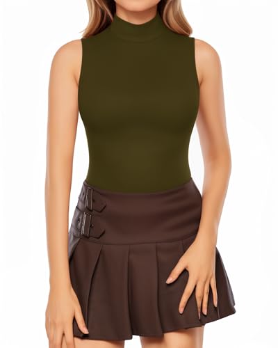 Image of MANGOPOP Women's Mock Turtle Neck Sleeveless Tank Tops Bodysuit, Sleeveless Army Green, XX-Large