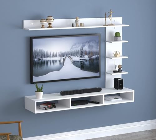 Image of SNQ Wall-Mounted TV Entertainment Unit with Shelves, White