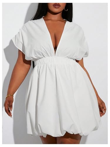 WDIRARA Women's Plus Size Deep V Neck Bubble Dress Short Sleeve A Line Mini Dresses4