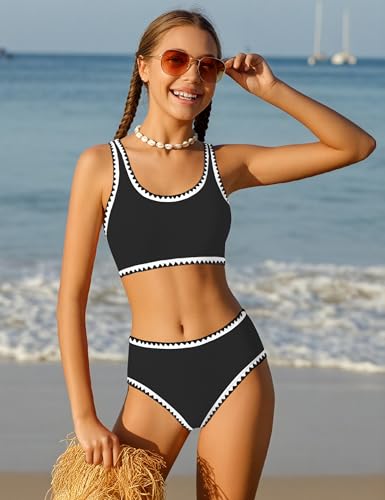 WIQI Girls Swimsuit Bikini Set 2 Piece Bathing Suit Cute Sporty Color Contrast Trim Kids Girls' Swimwear Size 10 Size 9 Black3