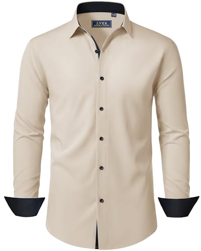 J.VER Hemd Herren Langarm Stretch Freizeithemden Hemden Bügelfrei Regular Fit Hochzeit Party Büro Dating Shirts Beige,L
