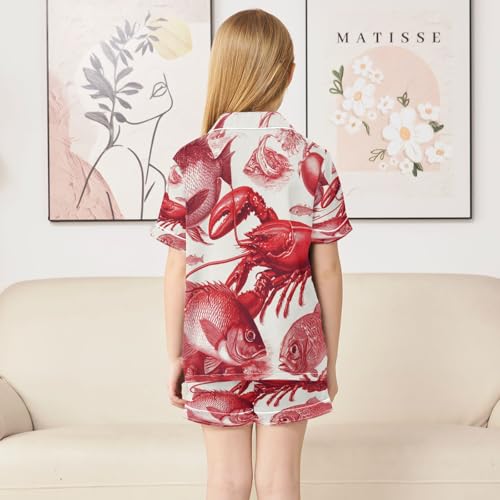 Satin Pajama Sets Short Sleeve Red Sea Creatures Fishs Button Down Silky Nightwear 2 Piece PJS 5-14Y4