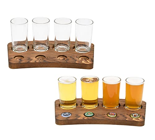 Owlgift Craft Beer Tasting Flight Rack, Glass Carriers & Bottle Cap Holder, Solid Brown Wood Beer Sampler Serving Tray – Set Of 2 #TOP3