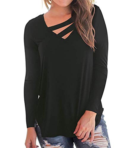 KUFV Women's Criss Cross V Neck Long Sleeve Casual Pullover Basic Tunic Top Shirts Black