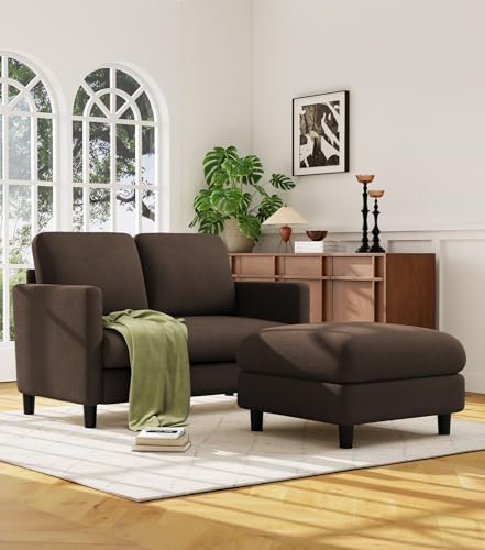 Image of Welzona Loveseat Sofa with Ottoman, 51 inch Small L Shaped Teddy Couch Sofa