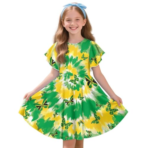 Girls Dresses - Ruffle Summer Dress Flutter Sleeves Round Neck Size 3-14 Years Casual Sundress