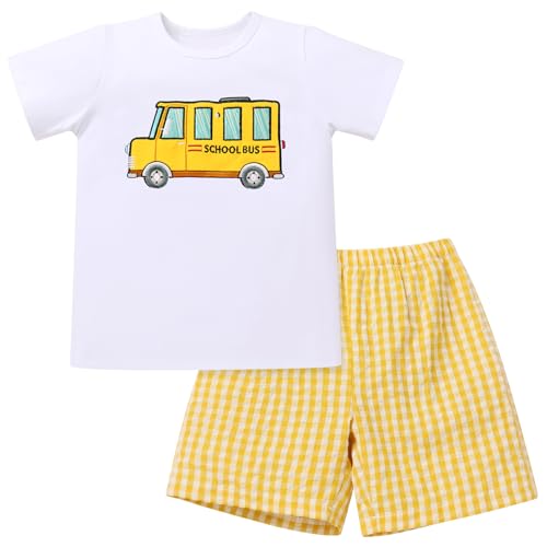 Image of OBEEII Back to School Outfit Toddler Boy Short Sleeve Graphic Shirt Gingham Shorts First Day of School Summer Clothing Set