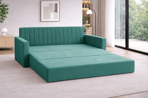 Image of Rosebell Foldable Sofa-Cum-Bed | Three-in-One Convertible Couch with Armrest | Modern Fabric Sofa for Living Room, Bedroom & Office - Green Color