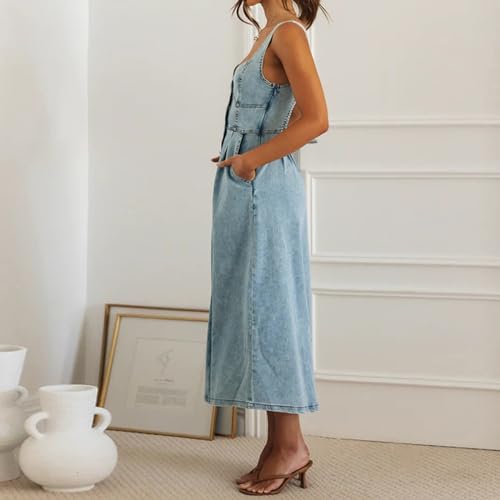 cffvdiz Women's Sexy Strap Maxi Denim Dress Summer Sleeveless Halter Bodycon Maxi Dresses3