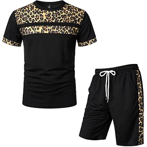 LucMatton Men's Summer 2 Piece Cheetah Print Tracksuit Casual Short Sleeve T Shirt and Shorts Outfits Beach Tropical Set Black Leopard Medium Cover