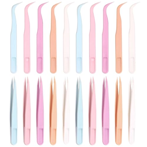 WOLMIK 20 Pcs Colorful Tweezers Plastic Tweezers for Crafts Pickup Straight & Curved Tips for Fine Motor Skills Eyelash Extensions