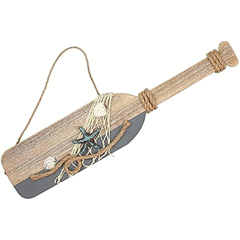 Suerhatcon Wooden Oar Wall Decor, 40CM Paddle Shaped Ornament with Starfish and Shells, Nautical Decoration for Bathroom Bedroom Cover