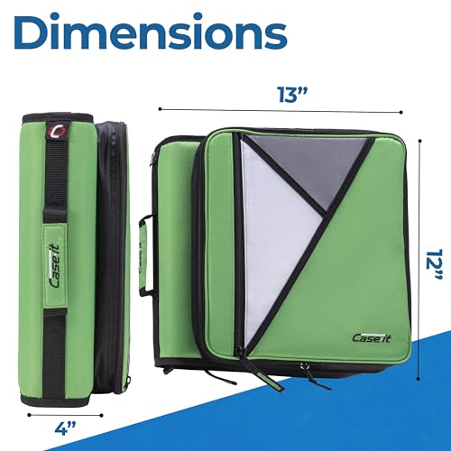 Image of Case-it Universal Zipper Binder | 2-Inch O-Rings, 13-Inch Laptop /Tablet Padded Pocket, 400 Sheet Capacity, Multiple Storage Pockets & Shoulder Strap | School & Office Organizer | LT-007 Canopy Green