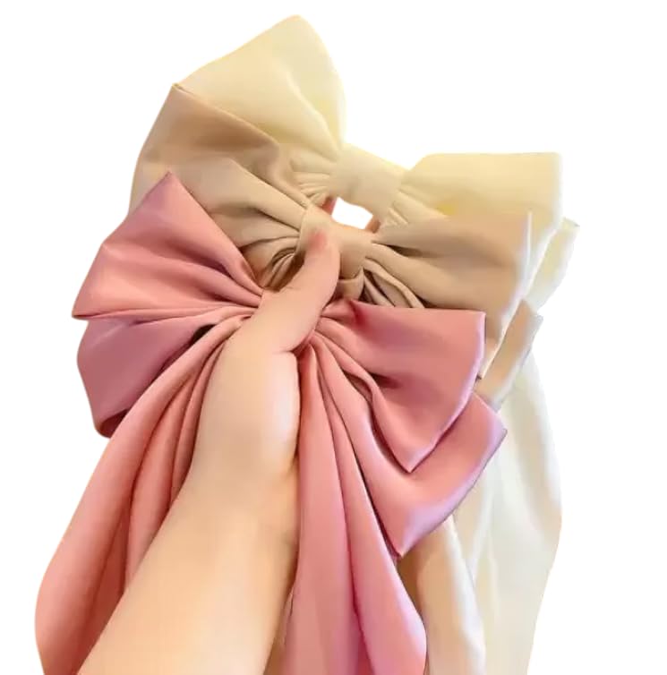 Image of FilterFashion Big Satin Layered Hair Bows for Women Girls 11.5 Inch Barrette Hair Clip Long Back Ribbon Bows French Style Hair Accessories (Onion Pink,Cream,Gold)