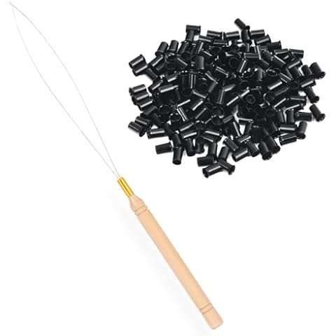 Vlasy 200pcs Micro Rings Links Beads and 1pcs Hair Extension Loop Needle Threader Kit for Hair Feathers,I-Tip Hair Extensions Cover