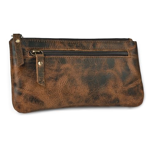 Image of LEATHER VILLAGE Leather Pencil Pouch Pen Case - Rustic/Vintage Brown - 8"X4"- Double Pocket - Elegant and Practical Zipper Pouch Holder for Artists, Men, and Women