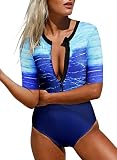 Aleumdr Womens Zip Front Printed Half Sleeve/Long Sleeve One Piece Swimsuit Swimwear Blue X-Large 14