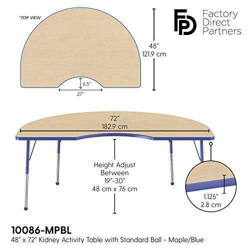 Image of FDP Kidney Activity School and Office Table (48 x 72 inch), Standard Legs with Ball Glides for Collaborative Seating Environments, Adjustable Height 19-30 inches - Maple Top and Blue Edge