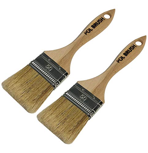 Set of 2 2 inch European Professional Paint Brushes - Natural Bristles/Wood Handle - for Paint with Acrylic, Chalk, Oil Based, Latex, Stain, Watercolor, Wax, Varnish and etc Paints.