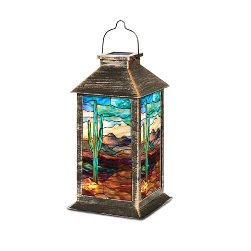 Solar Lantern Multi Stained Glass Western Desert Scene Cactus Outdoor Waterproof Garden Hanging...