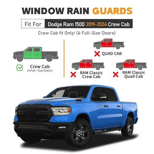 Image of Shatterproof Taped-On Window Deflectors for Dodge Ram 1500 Crew Cab 2019-2026 (New Body Style), Rain Guards, Window Visors for Cars, Vent Deflector, 4pcs