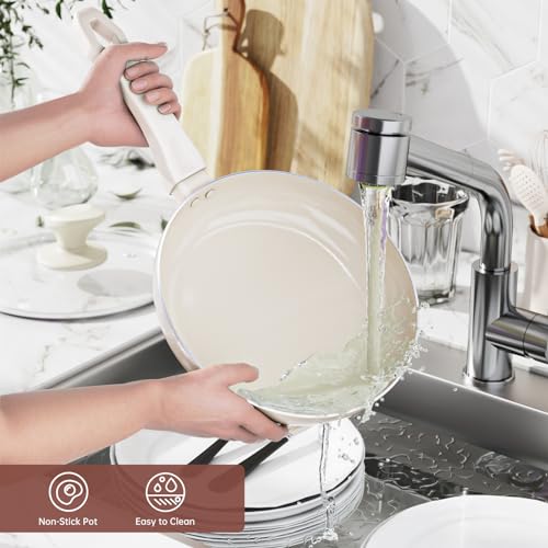 Pots and Pans Set Nonstick Ceramic Coating, 6 Pieces Kitchen Cookware Sets PFOA/PFOS Free Heat Resistant Kitchen Cooking Set Induction Pots and Pans with Casserole/Saucepan/Frying Pan&Lids by Qupoilke - Used condition - Image 5