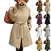 Womens Stylish Coat Wool Midi Jacket Stand Collar with Belt Coats Casual Long Sleeve Outfits Winter Slim Overcoat