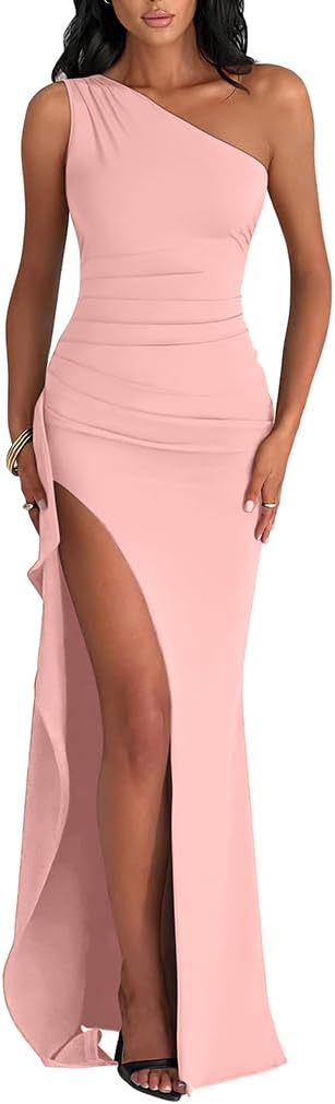 LAGSHIAN Women's Elegant Maxi Dress One Shoulder Sleeveless High Split Ruched Wedding Guest Long Dress