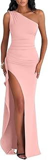 Women's Elegant Maxi Dress One Shoulder Sleeveless High Split Ruched Wedding Guest Long Dress