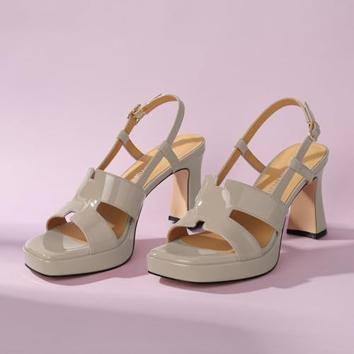 Image of ROSERWISH Heels for Women Chunky Block Platform High Heels Square Open Toe Strappy Heel Sandals Wedding Party Prom Fashion Slingback Dress Pump Sandals Shoes