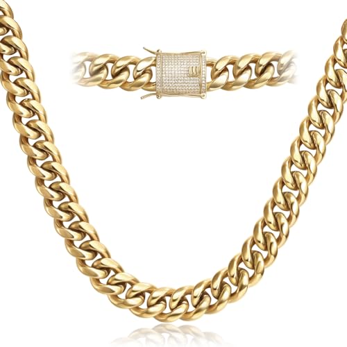 14k Gold Plated Mens Heavy Miami Cuban Link Chain Choker with Lab Diamond Clasp Stainless Steel Hip Hop Thick 8mm-16mm Necklace