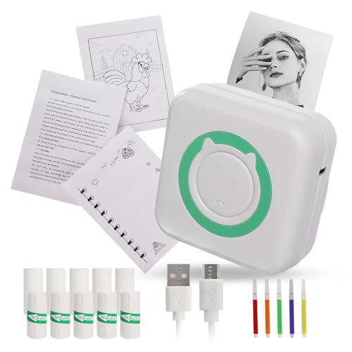 Rinwywey Mini Thermal Printer, Wireless Bluetooth Labler Maker, Mini Printer Portable Inkless Pocket Label Printer Bluetooth Photo Printer for Learning Assistance, Study Notes, Journal, Fun, Work