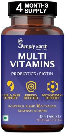 Simply Earth Multivitamin For Men & Women (120 Tablets) With 7 Vital Blends and 36 Nutrients - Probiotics Vitamin C, Zinc & Biotin