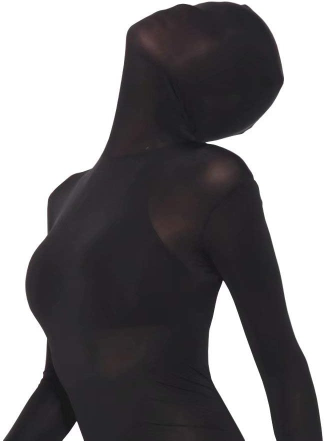 Women Men Long Sleeve Sexy Stretchy Sheer Ice Silk Leotard Bodysuit Jumpsuit Tops with Gloves Mask Hood
