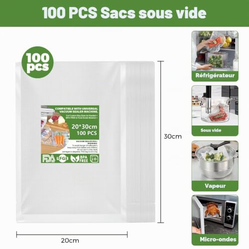 Sac Sous Vide Alimentaire,Sacs à Faire le Vide d'air Gaufrés Convient à Tous Machine Sous Vide,pour la Conservation des Aliments et la Cuisson,Sans BPA(100 Sachets,20 x 30cm) – vue 2