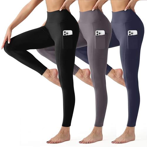 Image of YUDSUD High Waisted Leggings with Pockets for Women, 3 Pack | Tummy Control, Yoga Pants, Running & Daily Wear