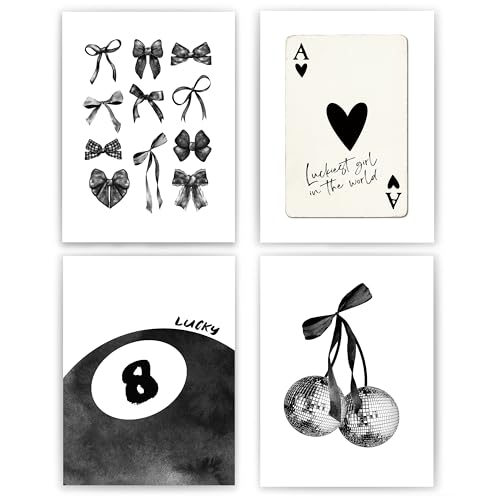 okaxscm Black Coquette Trendy Preppy Wall Art Prints Set of 4, Coquette Room Decor, Preppy Room Decor Aesthetic, Black Bow Disco 8 Ball Cherry Wall Decor Posters for Girls Bedroom Dorm, 12x16 Unframed