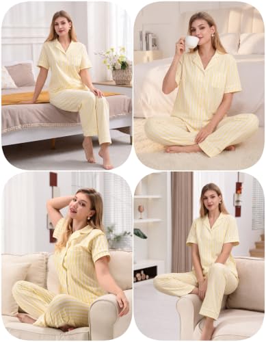 Image of NAP BOUND 100% Cotton Women's Pajama Sets Short Sleeve Button Down Soft Pjs 2 Piece Lounge Set with Pocket Nightwear XS-XXL