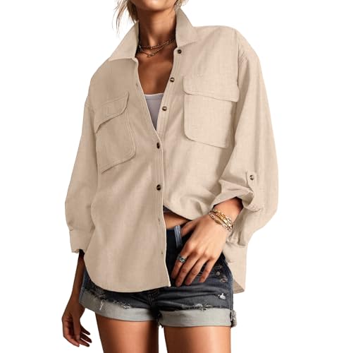 Lepunuo Womens Shacket Long Sleeve Shirt Jacket Button Down Linen Roll-up 3/4 Sleeves Shirts Blouses Tops Streetwear