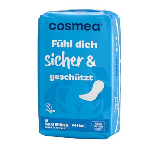 cosmea Maxi Binden Super ohne Flügel, Vorteilspack (12 x 16 Stück) Hygiene-Einlagen made in Germany, ideal für starke Menstruation